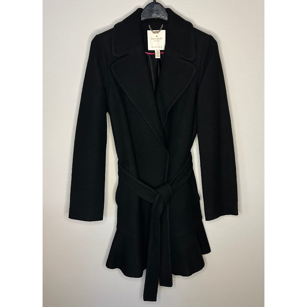 Kate Spade New York Black Wool Blend Ruffle Hem Wrap Coat Small Winter Minimal